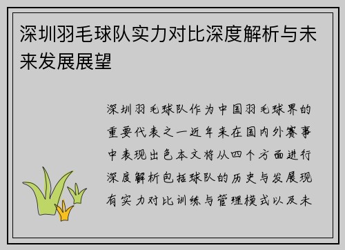 深圳羽毛球队实力对比深度解析与未来发展展望