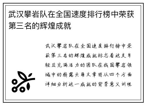 武汉攀岩队在全国速度排行榜中荣获第三名的辉煌成就