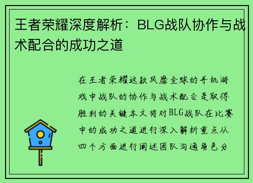 王者荣耀深度解析：BLG战队协作与战术配合的成功之道