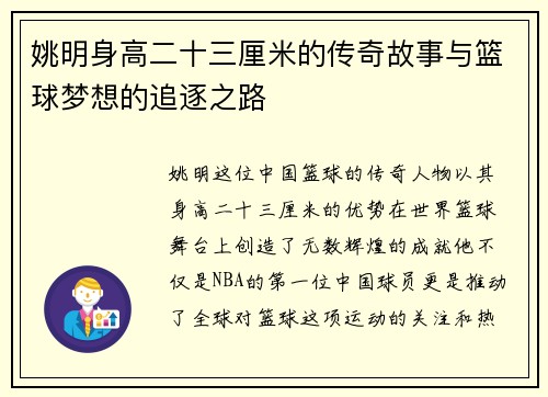 姚明身高二十三厘米的传奇故事与篮球梦想的追逐之路
