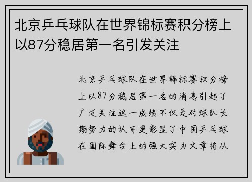 北京乒乓球队在世界锦标赛积分榜上以87分稳居第一名引发关注