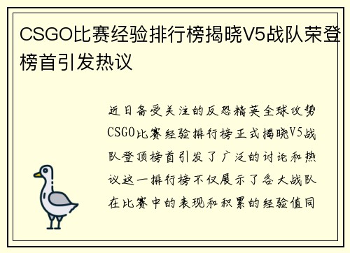 CSGO比赛经验排行榜揭晓V5战队荣登榜首引发热议
